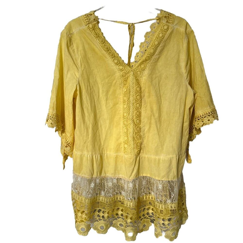 V-Neck Tunic Blouse Yellow Embroidered Crochet Trim Size L Indigo Thread Co. - Picture 2 of 12